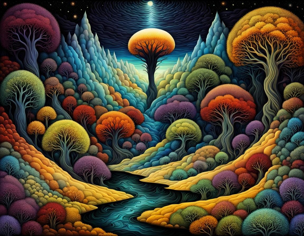 Surreal Geometric Alien Landscape with Black River