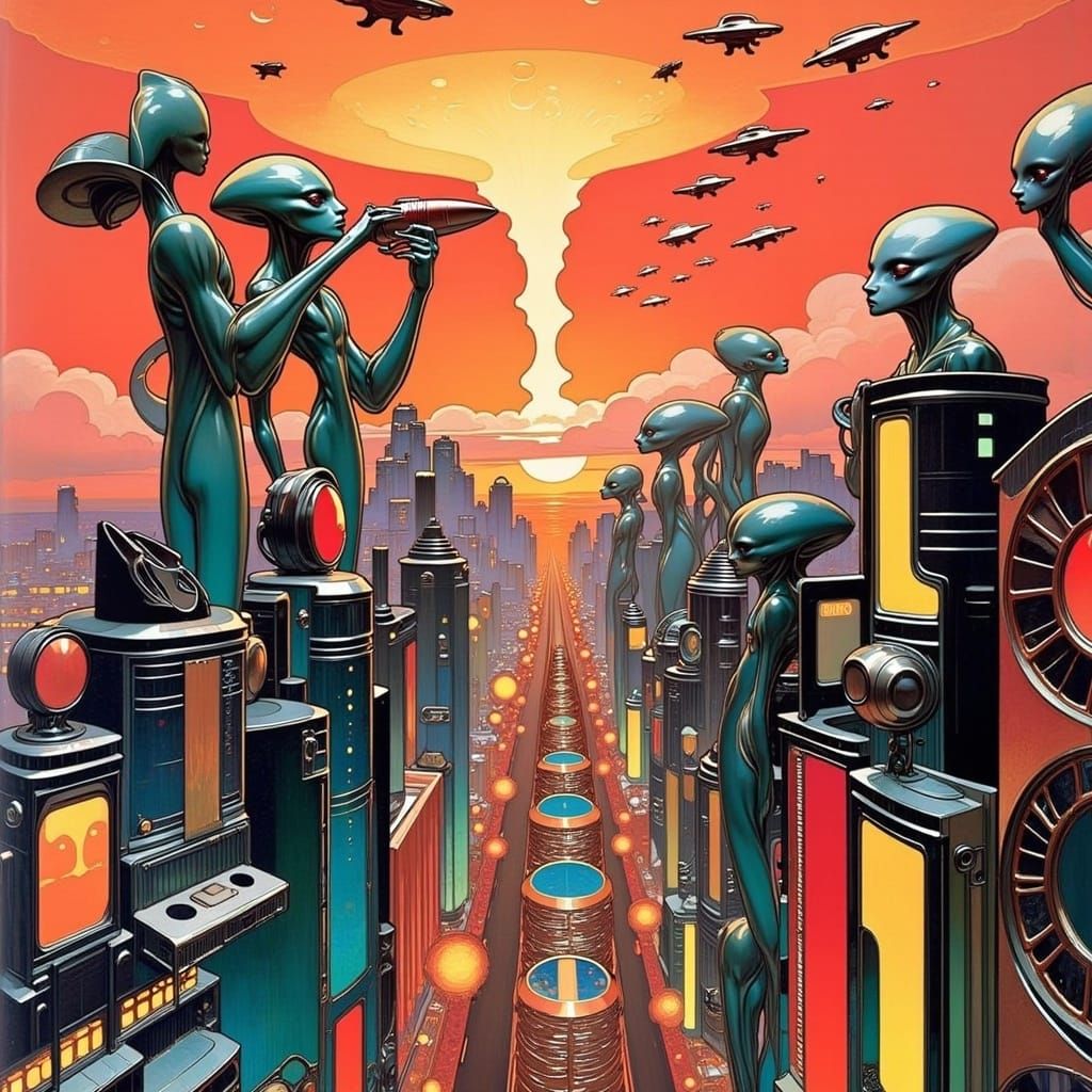 Retro-Futuristic Chaos: Alien Beings Invade Cityscape