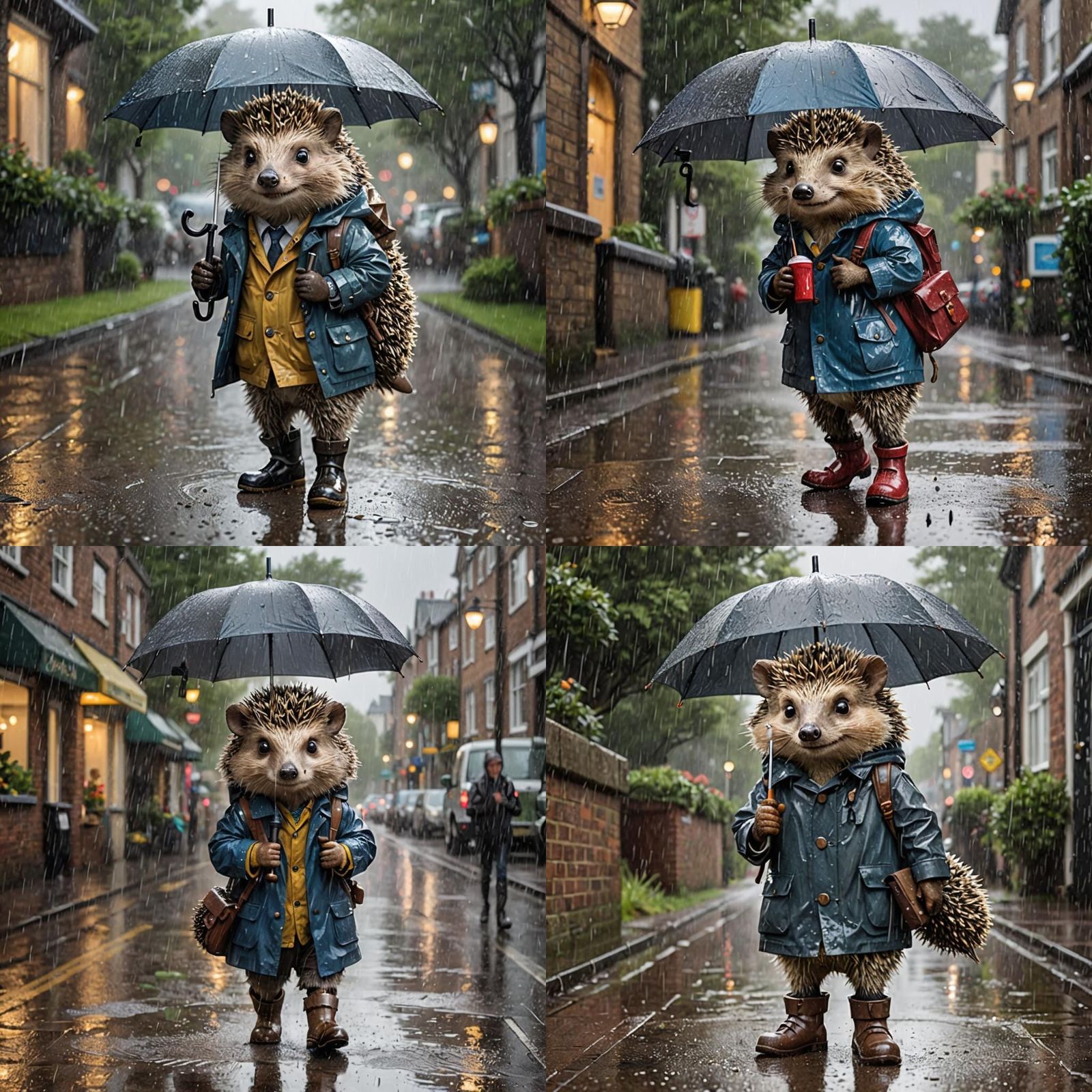 Hedgehog in Rain with Umbrella