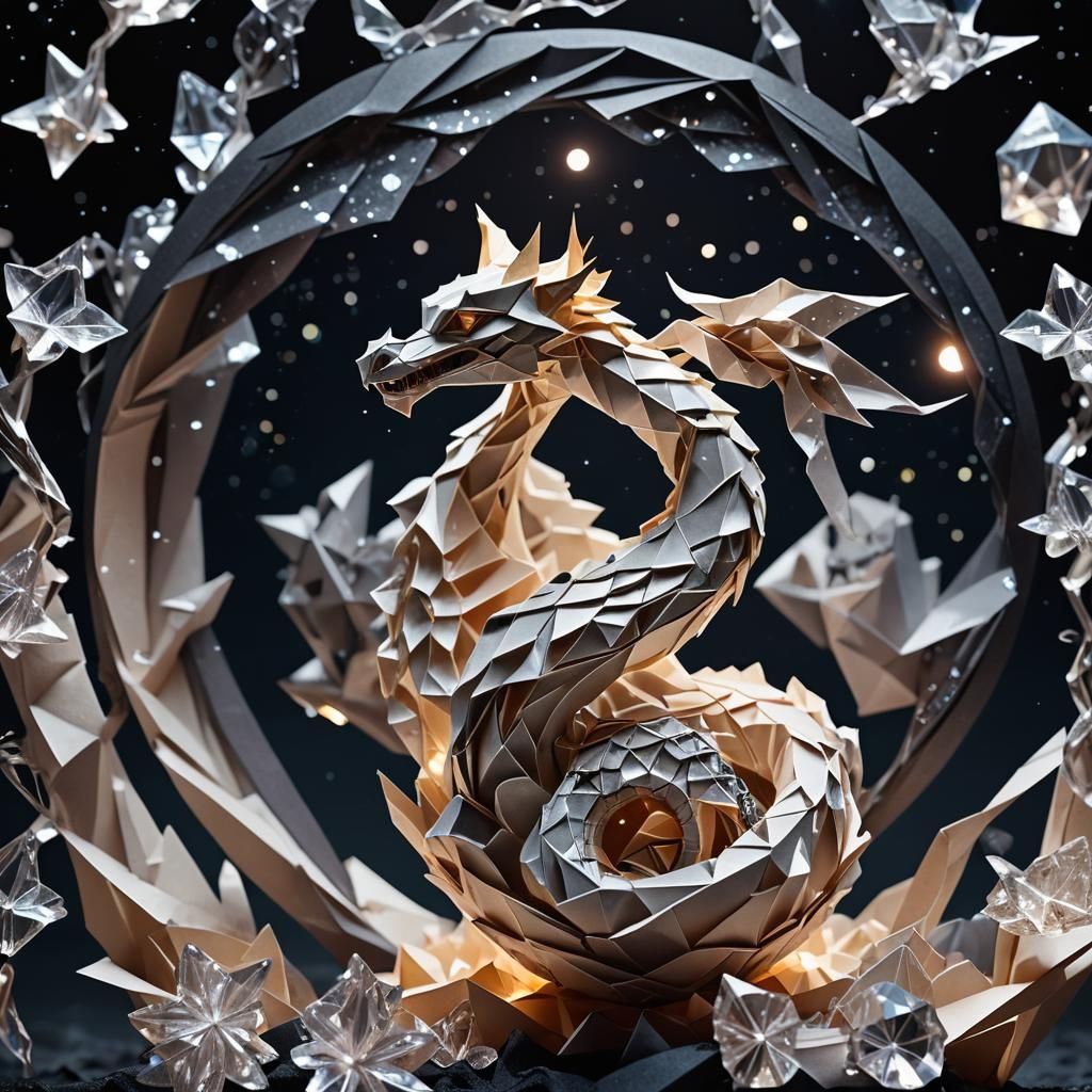 Origami Serpent Guarding Orb with Ethereal Crystals