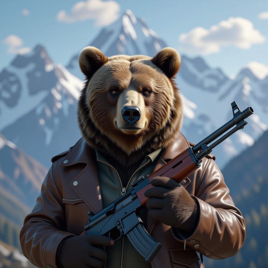 Brown Bear with Rifle in Hyper-Realistic Style