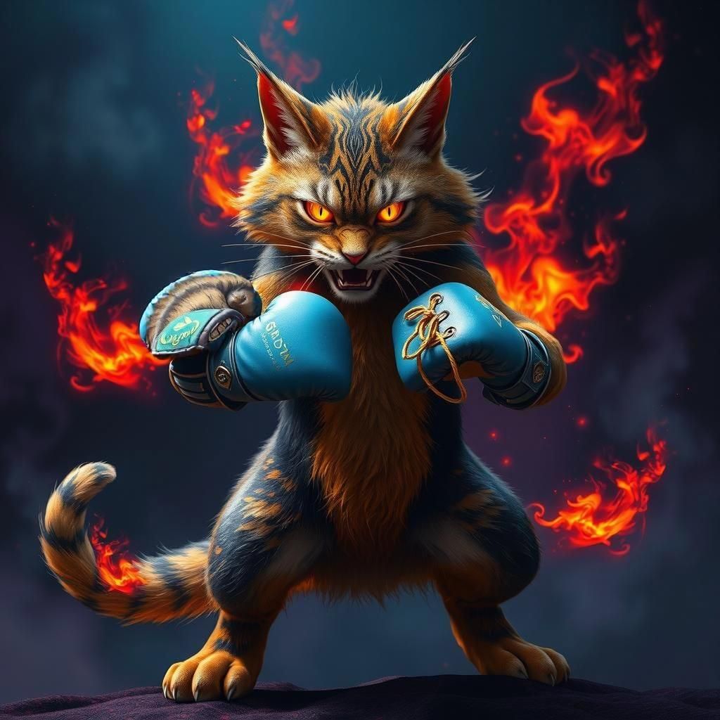 Boxing Cat with Fiery Aura, Digital Art
