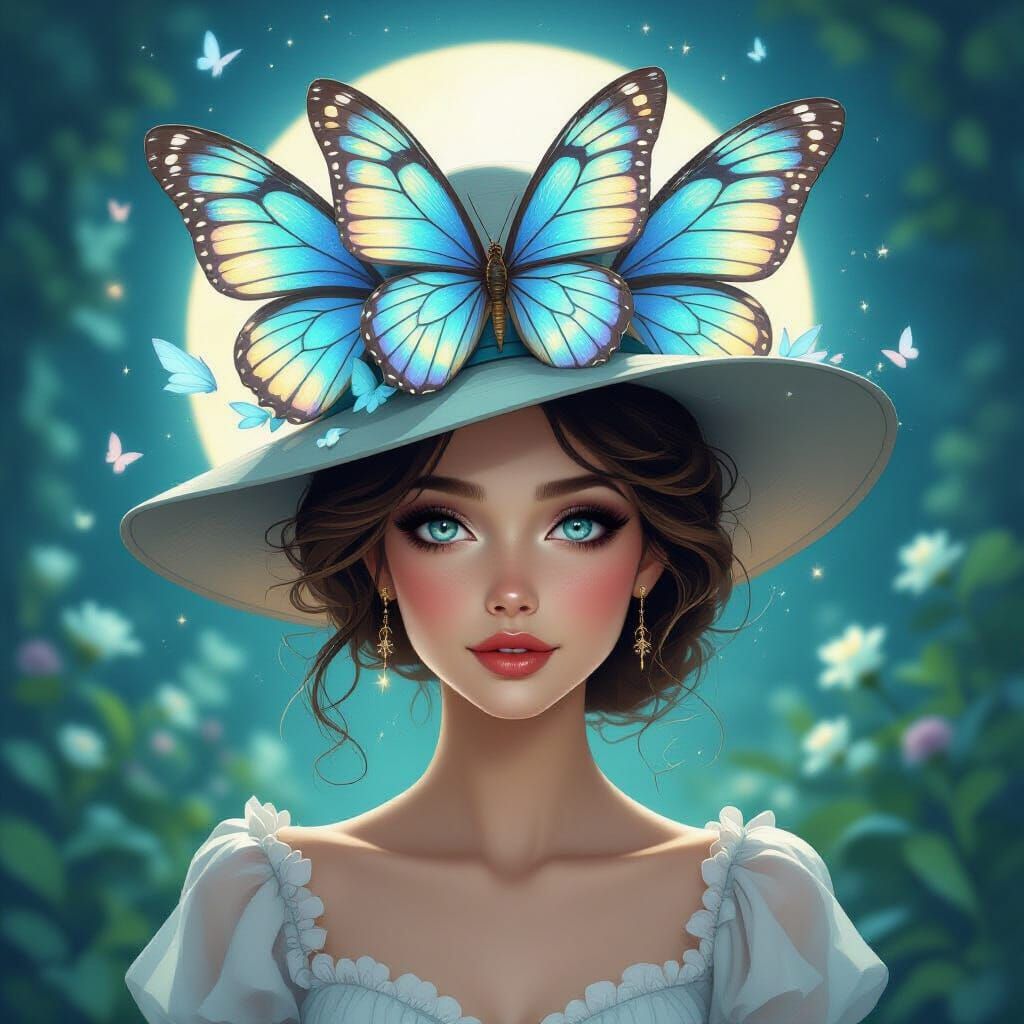 Whimsical Woman with Star Eyes and Butterfly Wing Hat