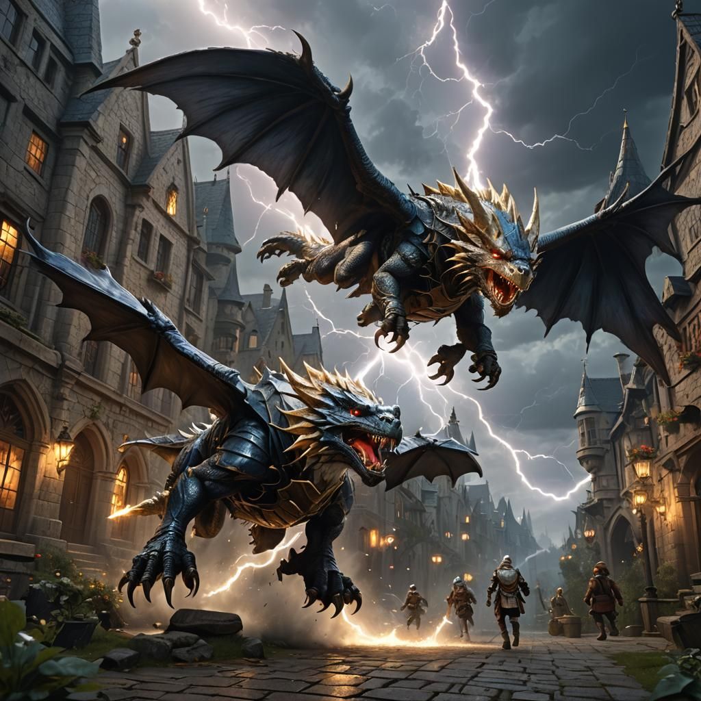 Lightning Wyvern Chasing Gnome, Hyperrealistic Dark Fantasy