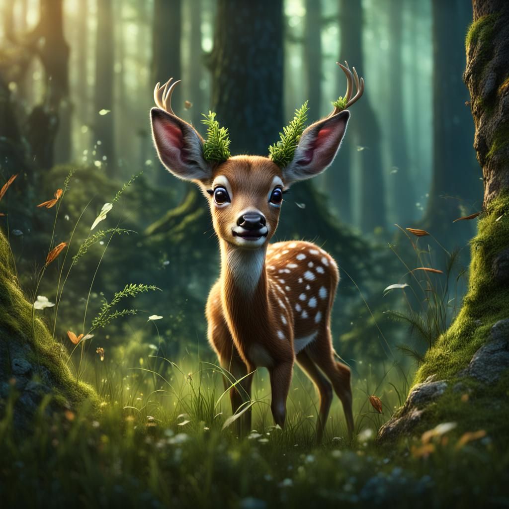 Adorable Baby Deer Grazing in Enchanted Forest