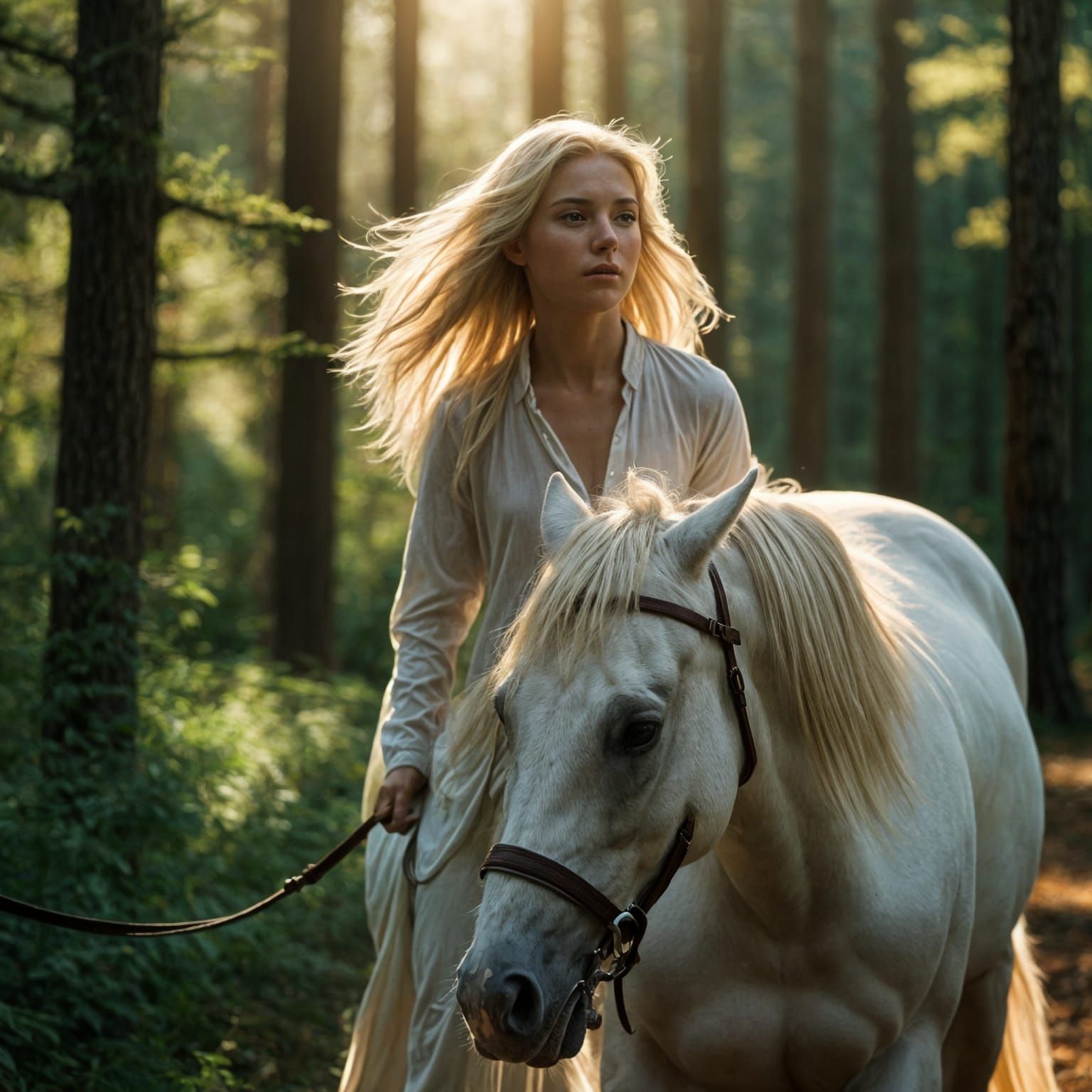 Woman on White Horse in Forest, Cinematic Style