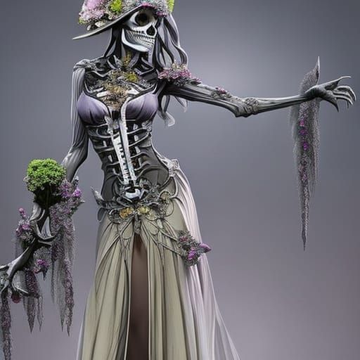 Skeleton Girl with Flowers by Cemetery Tombstone