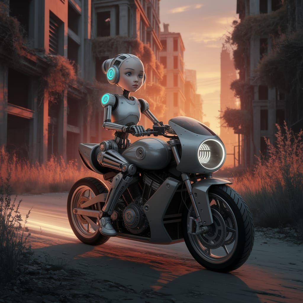 Futuristic Droid Rides Motorcycle Through Ruined City