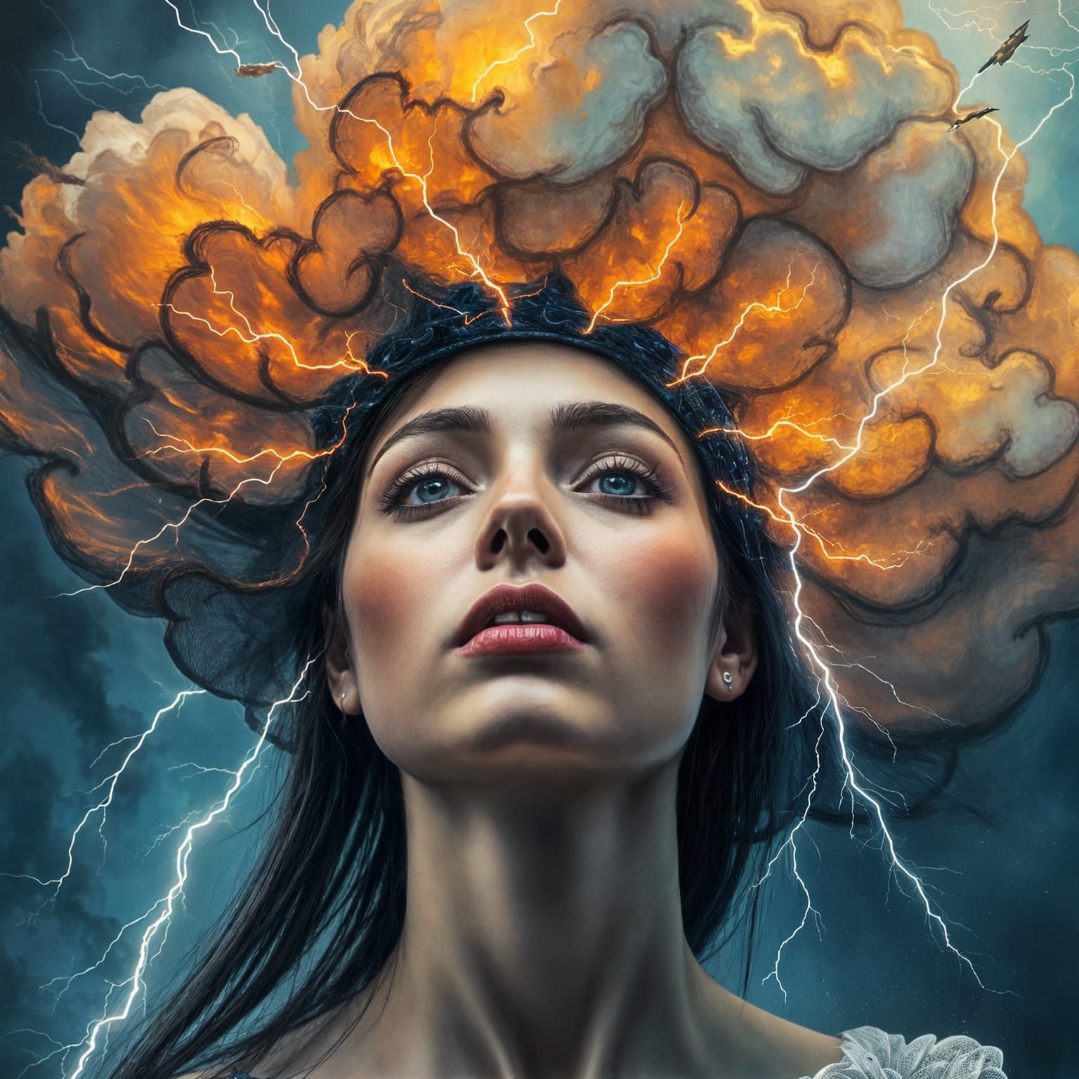 Woman Wearing Lightning Hat Amidst Storm Clouds