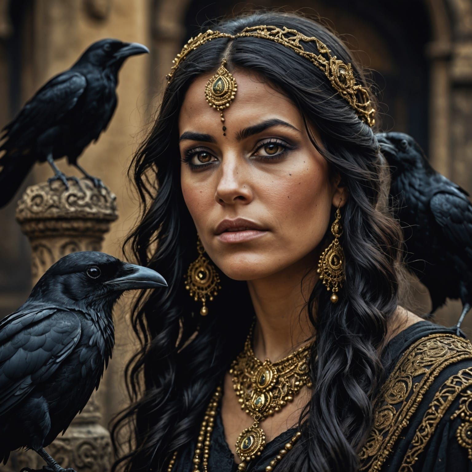 Hyperrealistic Gypsy Woman Portrait with Raven Hair