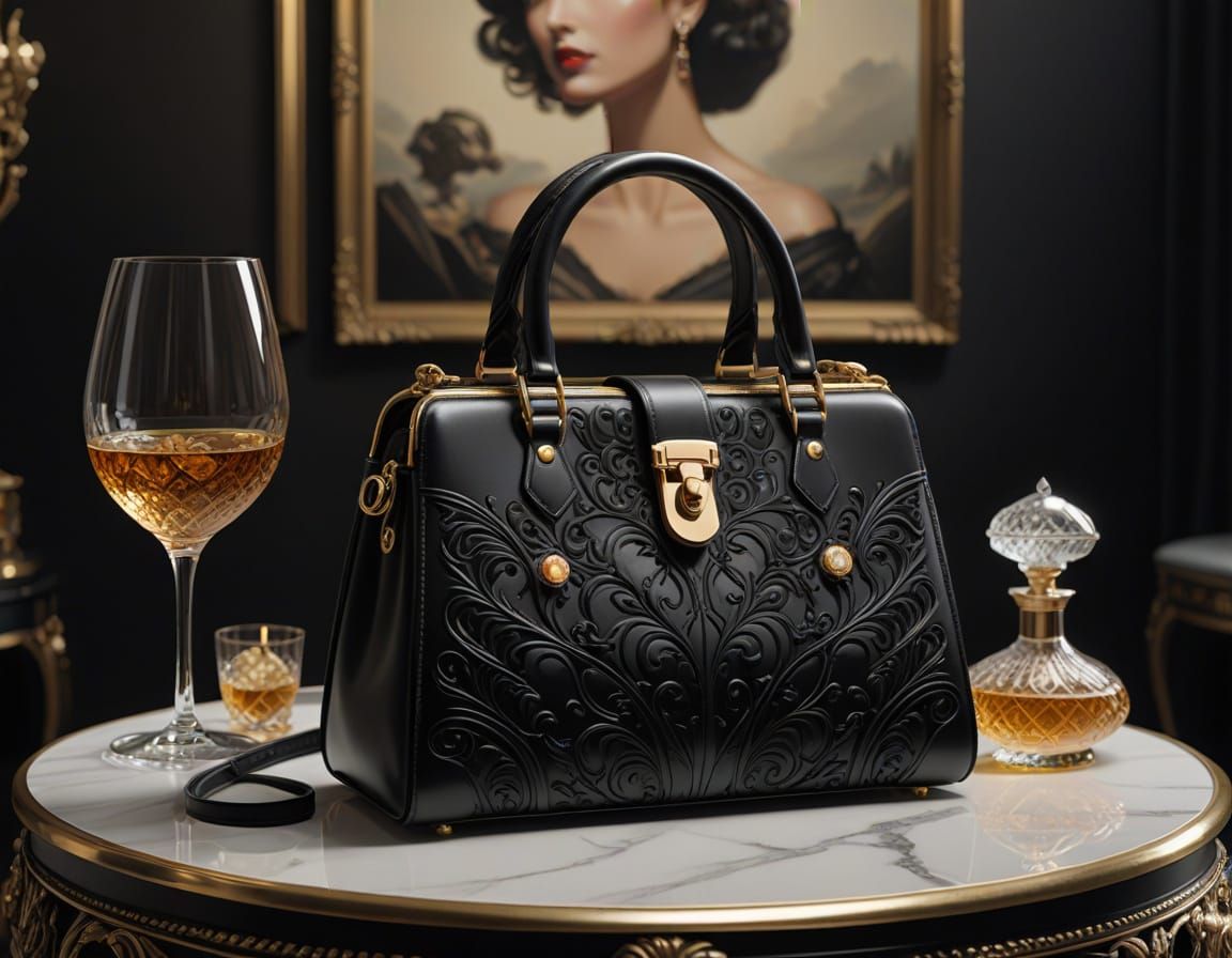 Elegant Black Leather Handbag and Heels on Glass Table