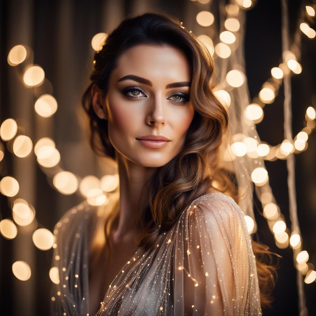 Glamorous Portrait of Woman in Fairy Lights