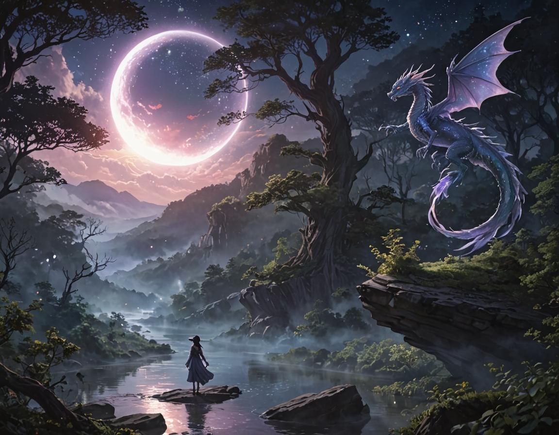 River Witch with Dragon Protector in Anime Style