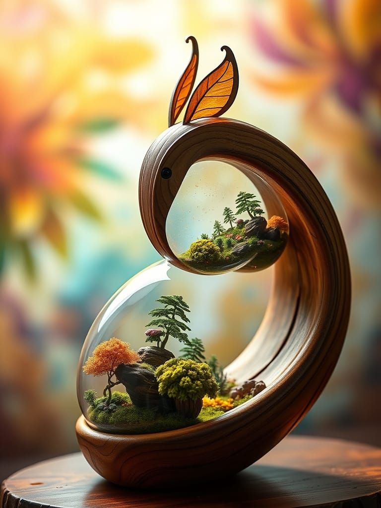 Ethereal Wood and Glass Sculpture in a Dreamlike Landscape