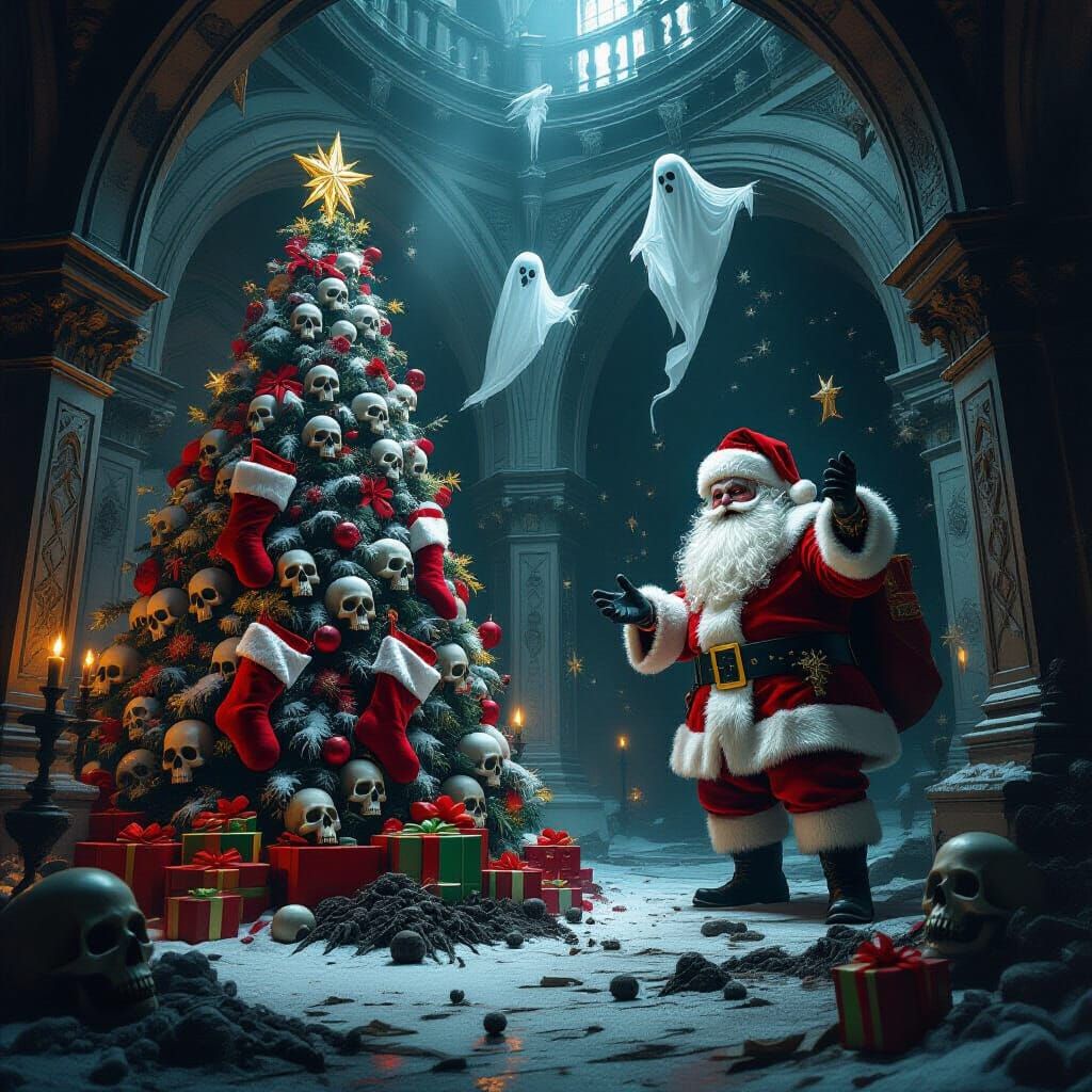 Zombie Santa and Ghostly Children in Macabre Crypt