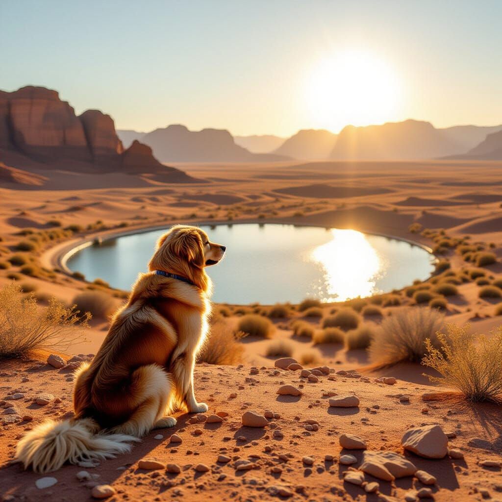 Golden Retriever Gazes at Desert Oasis in Photorealistic Sty...