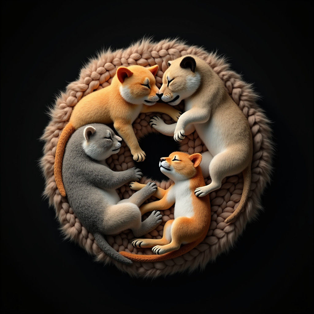 Animals Cuddling in Surreal 8k Black Background Scene