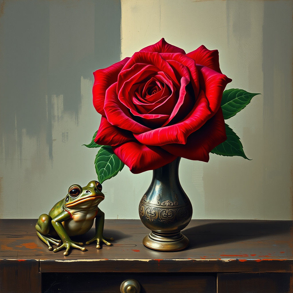 Red Rose and Anxious Frog in Cubist Style
