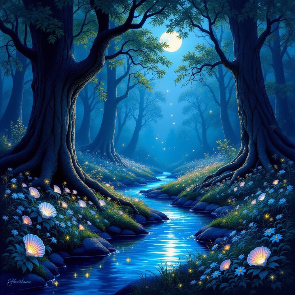 a serene forest glade bathed in moonlight, where ancient tre...