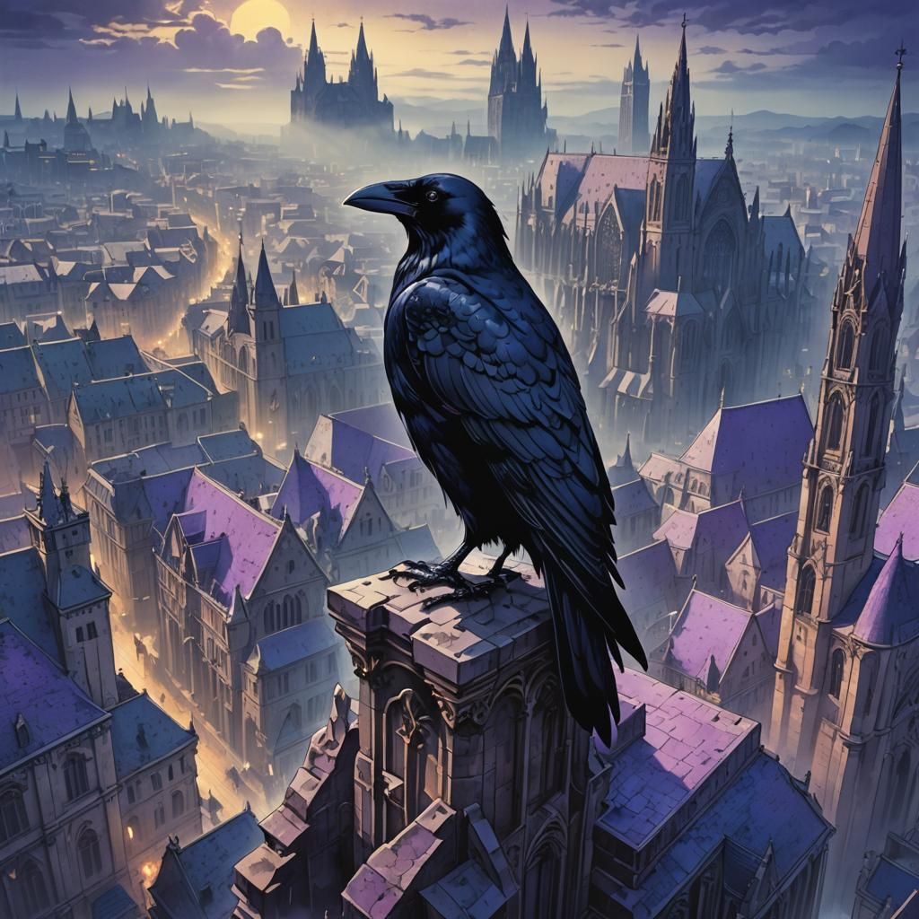 Crow on Gothic Cathedral in Manga Style