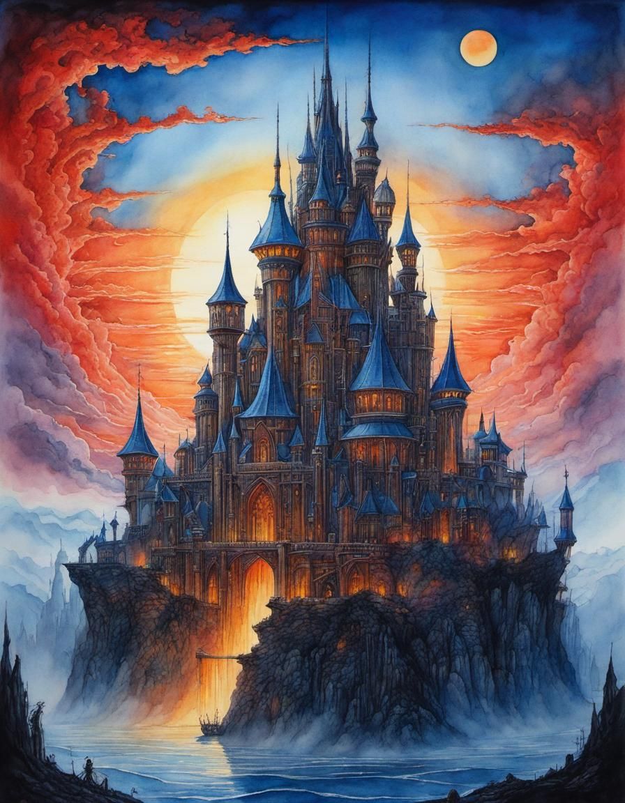 Fantastical Red Castle at Sunset: Storybook Illustration