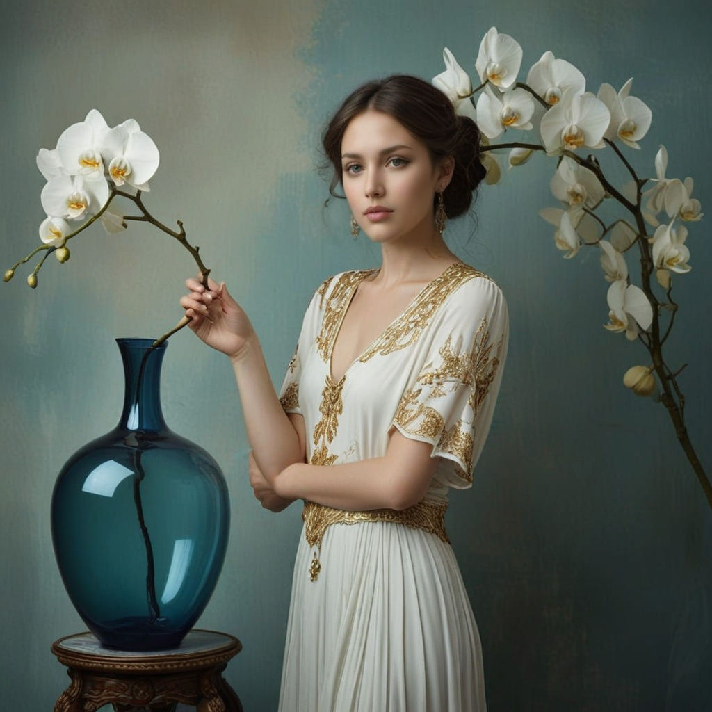 Art Nouveau Woman with Blue Glass Vase