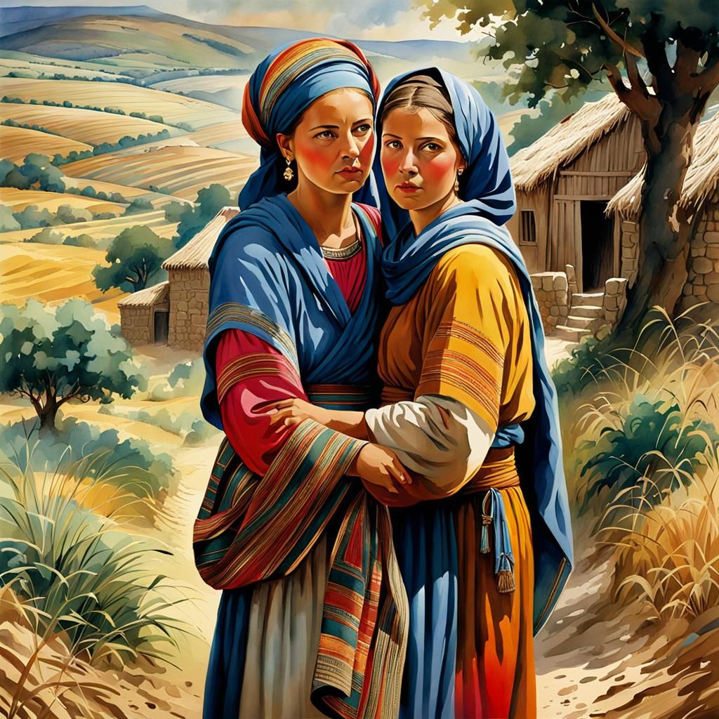 Naomi and Ruth in Ancient Times, Watercolor Art