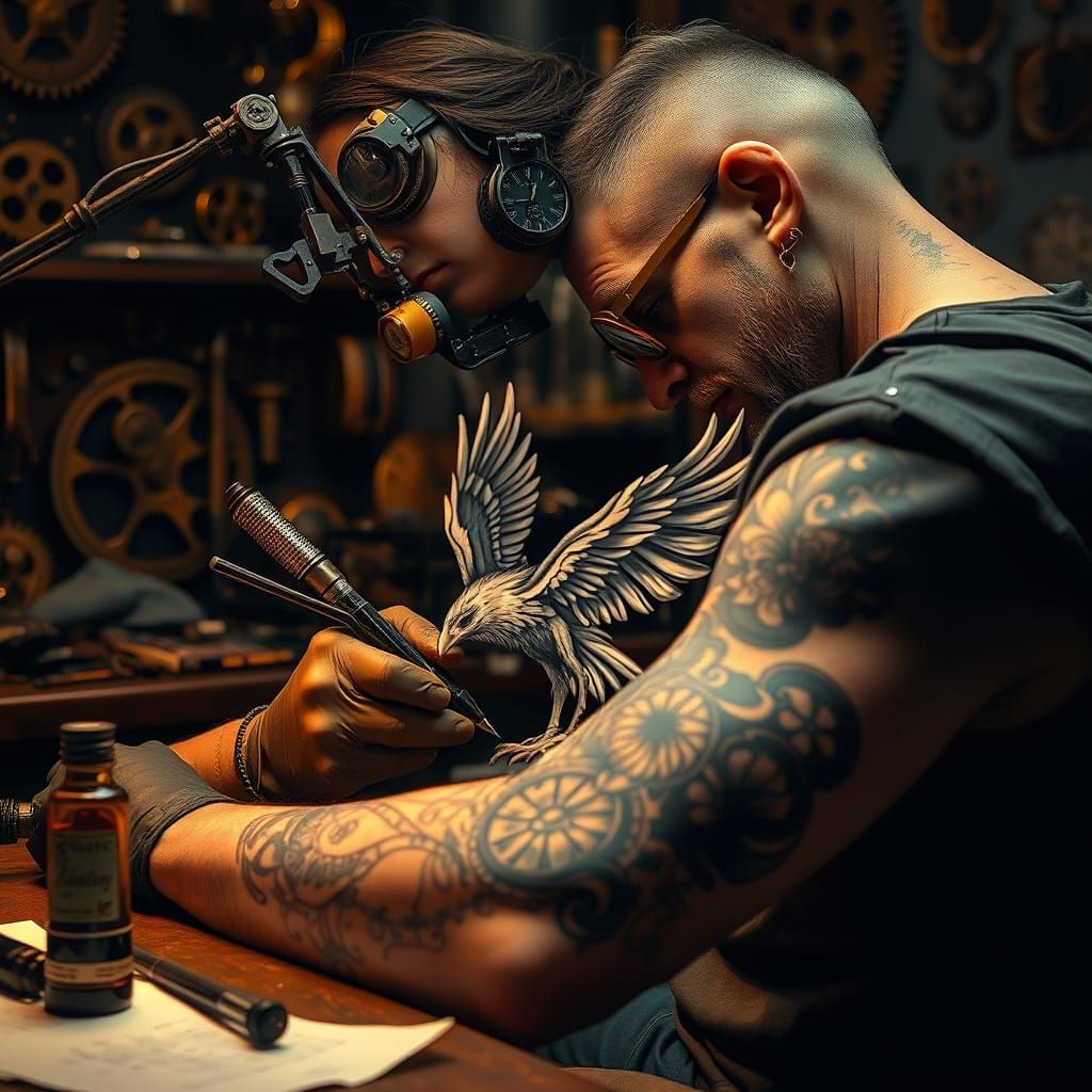 Steampunk Tattoo Artist Crafts Intricate Mechanical Phoenix