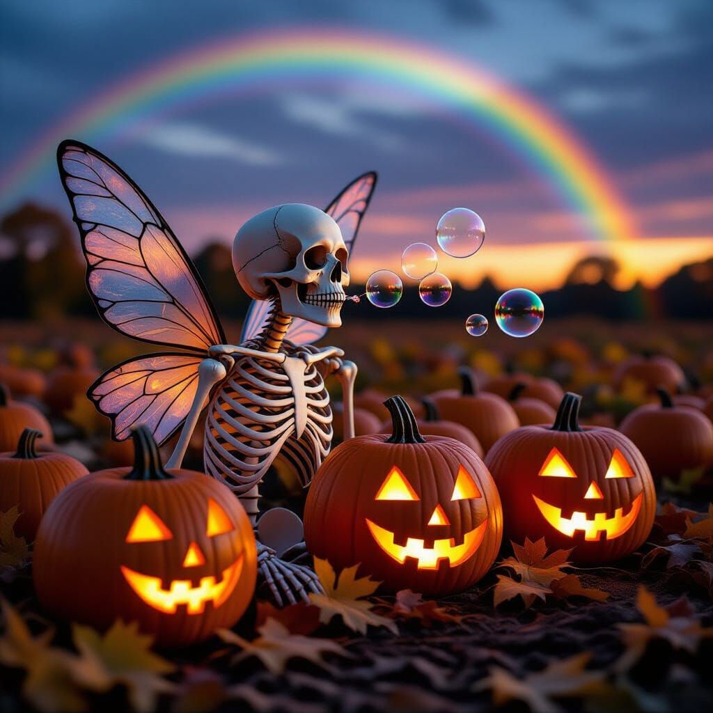 Skeleton Blowing Bubbles in Autumn Pumpkin Patch