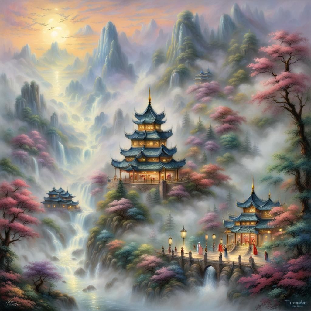 Ethereal Chinese Empress in Misty Landscape