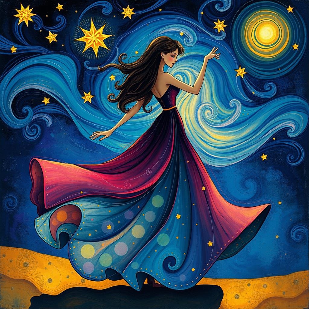 Dreamy Whimsical Woman Under Starry Night Sky