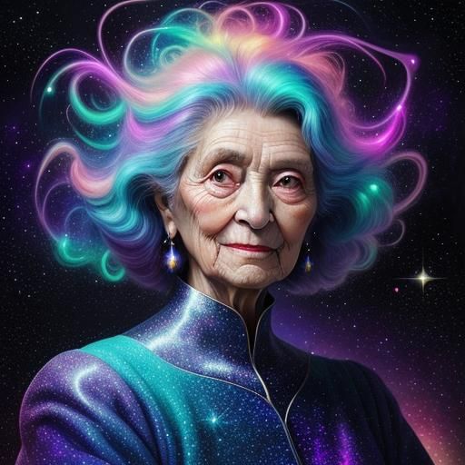 Cosmic Grandmother Portrait in Surrealist Oil Painting Style