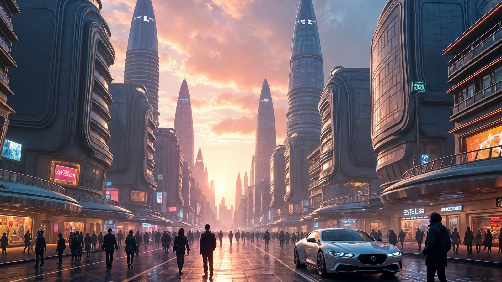 Futuristic Metropolis Cityscape with Holographic Billboards