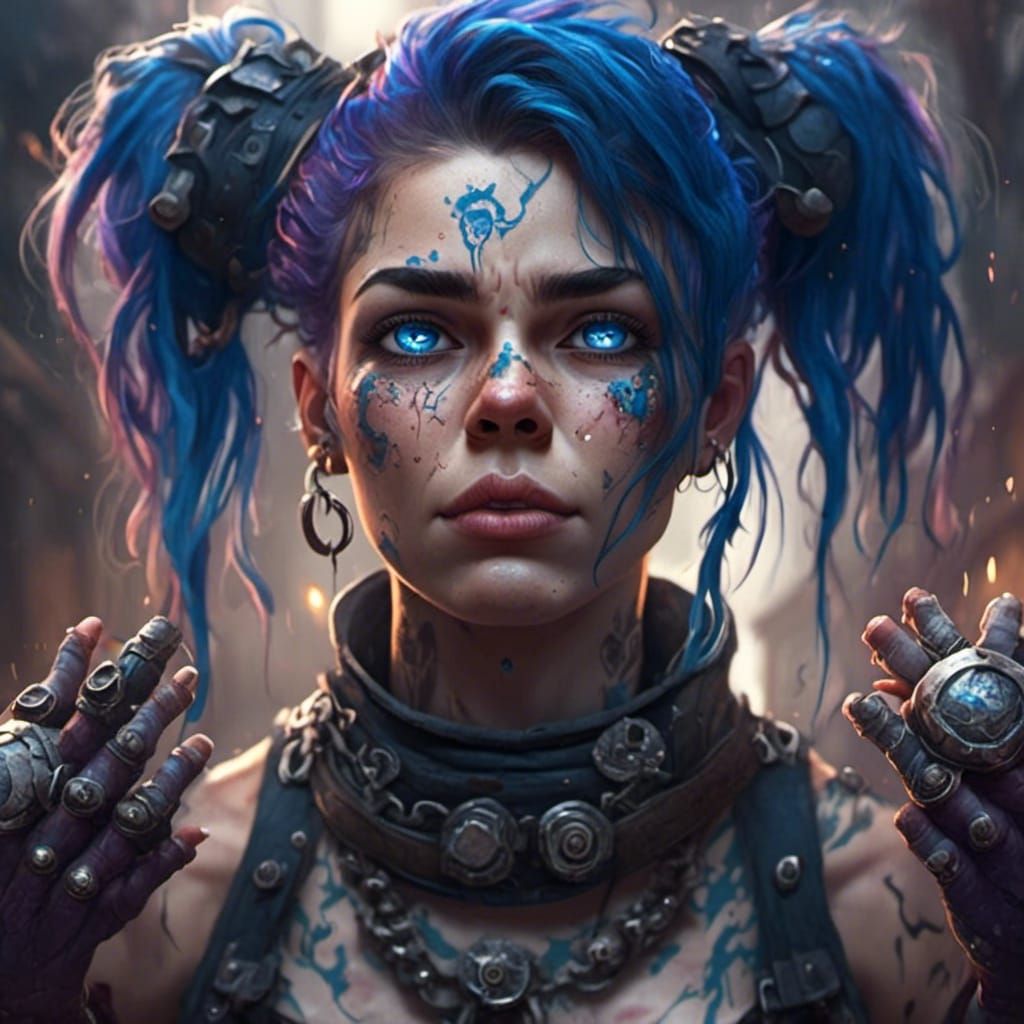 Happy Woman with Blue Hair, Tattoos, and Piercings