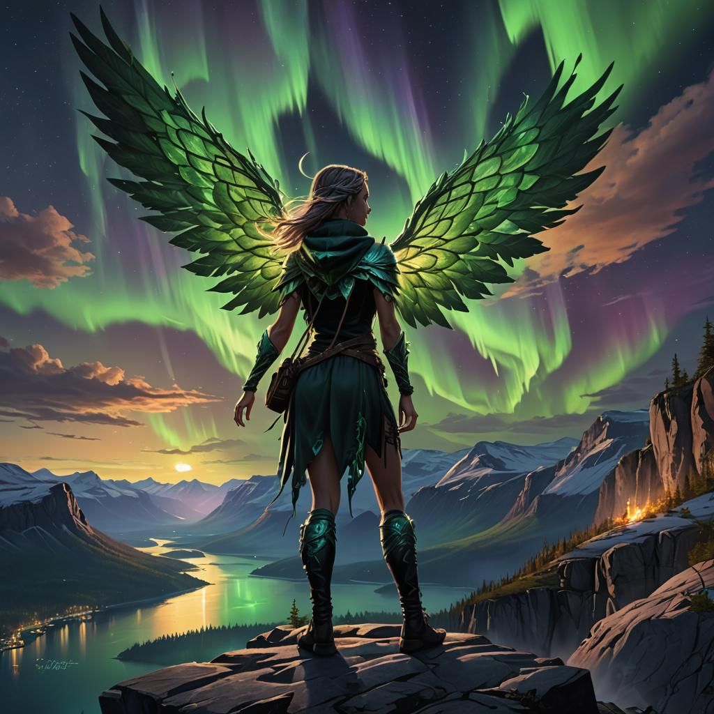 Winged Girl Watches Northern Lights in Dark Fantasy Art