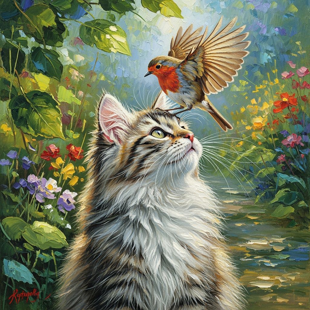 Fluffy Kitten and Robin in Garden Oil Painting