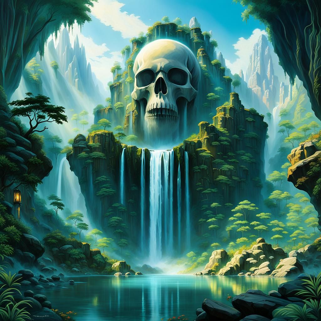 Mountain Skull Waterfall in Ethereal Style
