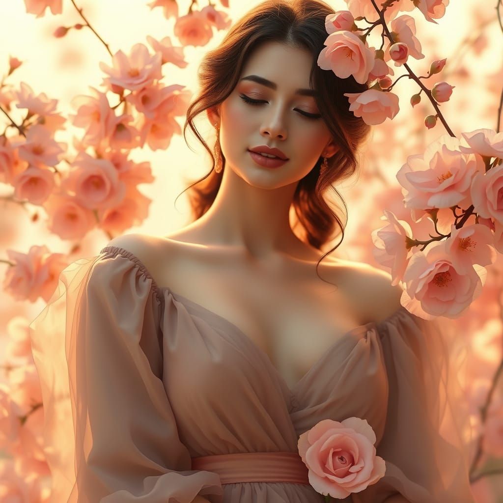 Woman in Golden Light, Surrounded by Flowers, in Art Nouveau...