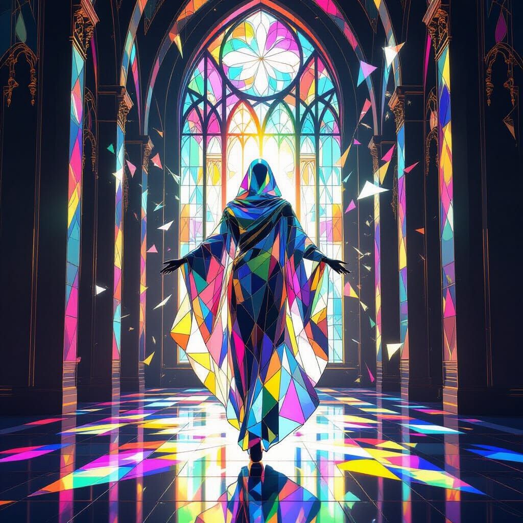 Ethereal Stained Glass Figure in Kaleidoscopic Cathedral