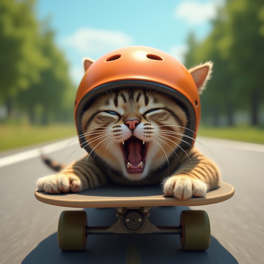 Scared Tabby Cat in Orange Helmet on Skateboard