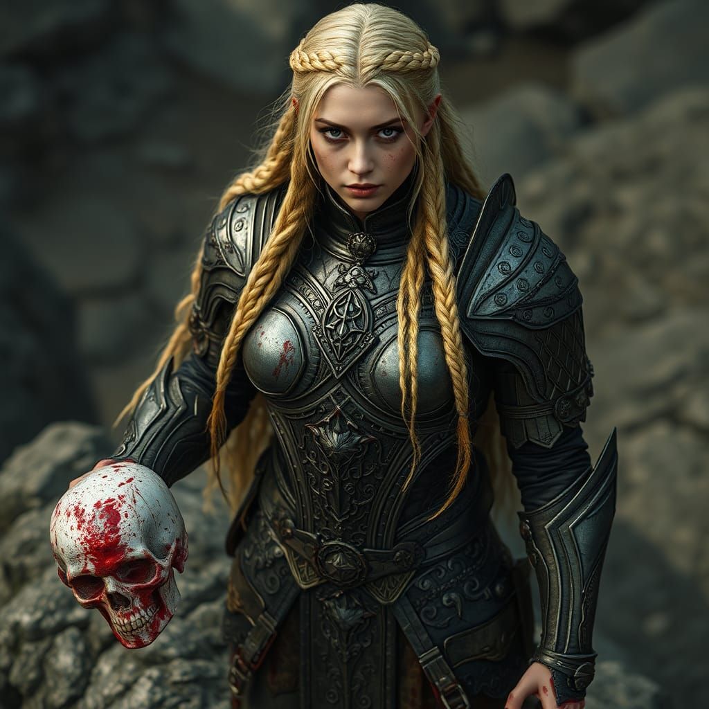 Hyperrealistic Armored Woman with Severed Head