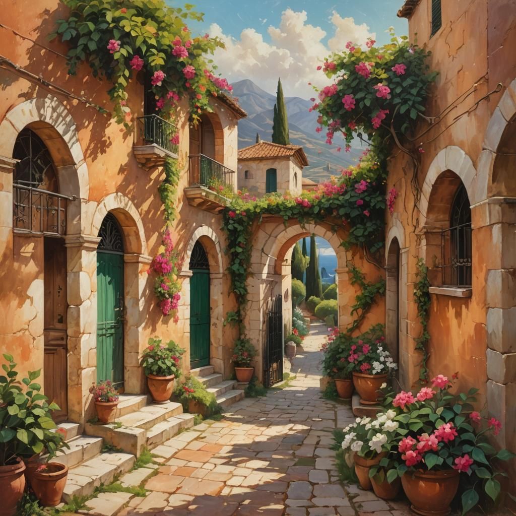 Idyllic Mediterranean Village in Warm Oil Painting Style