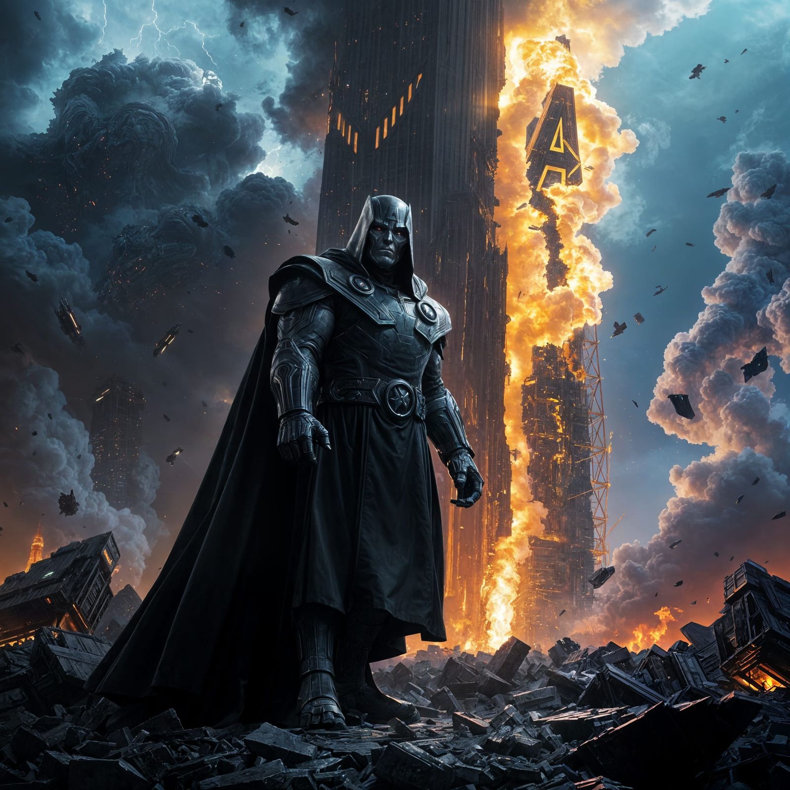 Dark Fantasy Avengers Tower Destruction in Cyberpunk Style