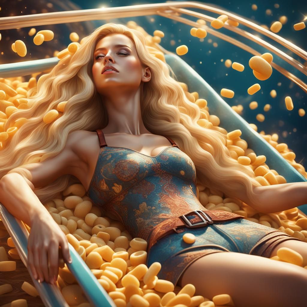 Macaroni Bra: Woman on Sunbed in Detailed Digital Art