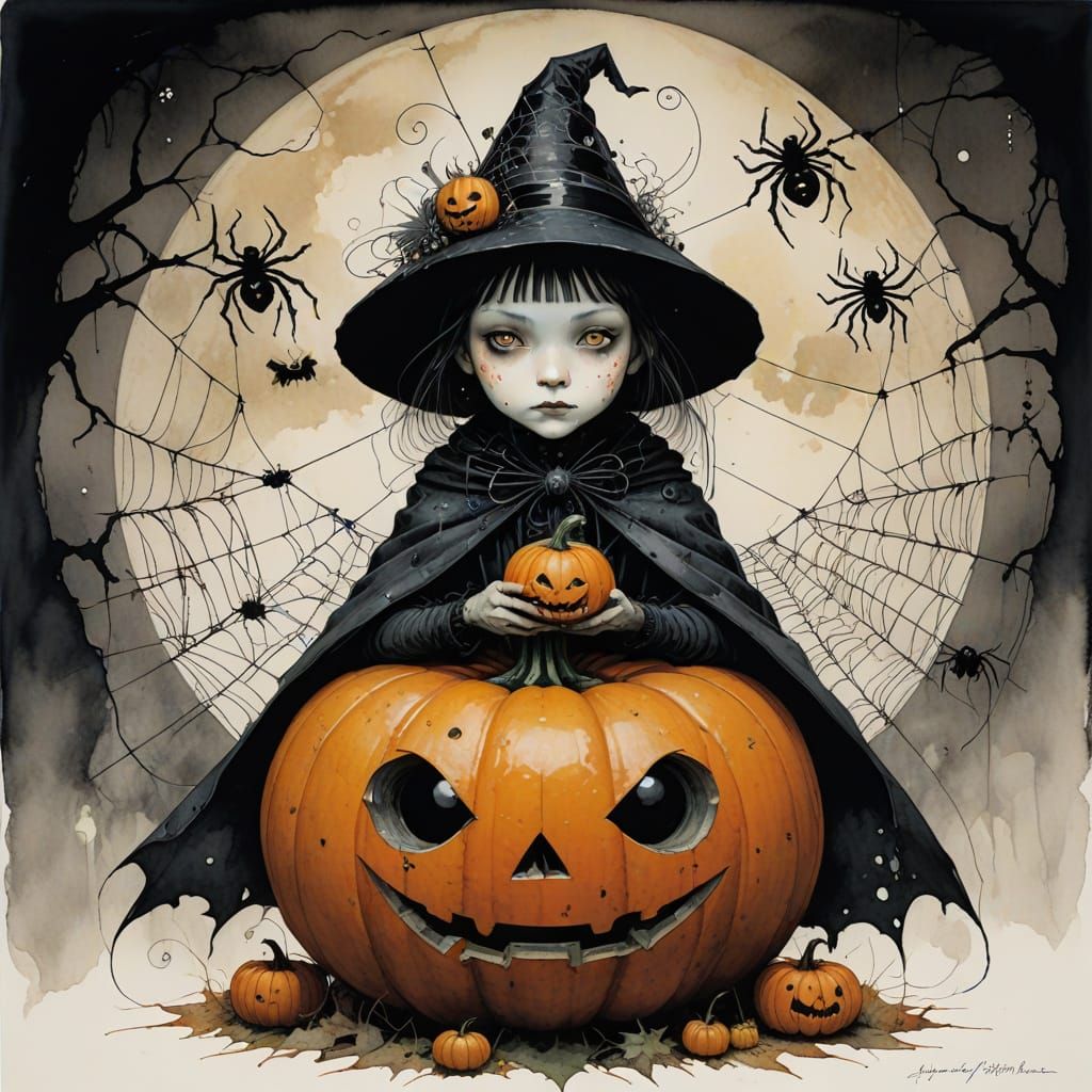 Halloween Pumpkin With Spider, Artistic Illustration