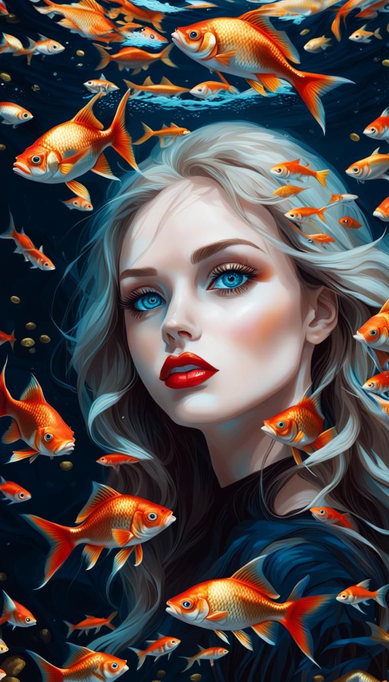 Girl with Blue Eyes Surrounded by Fish