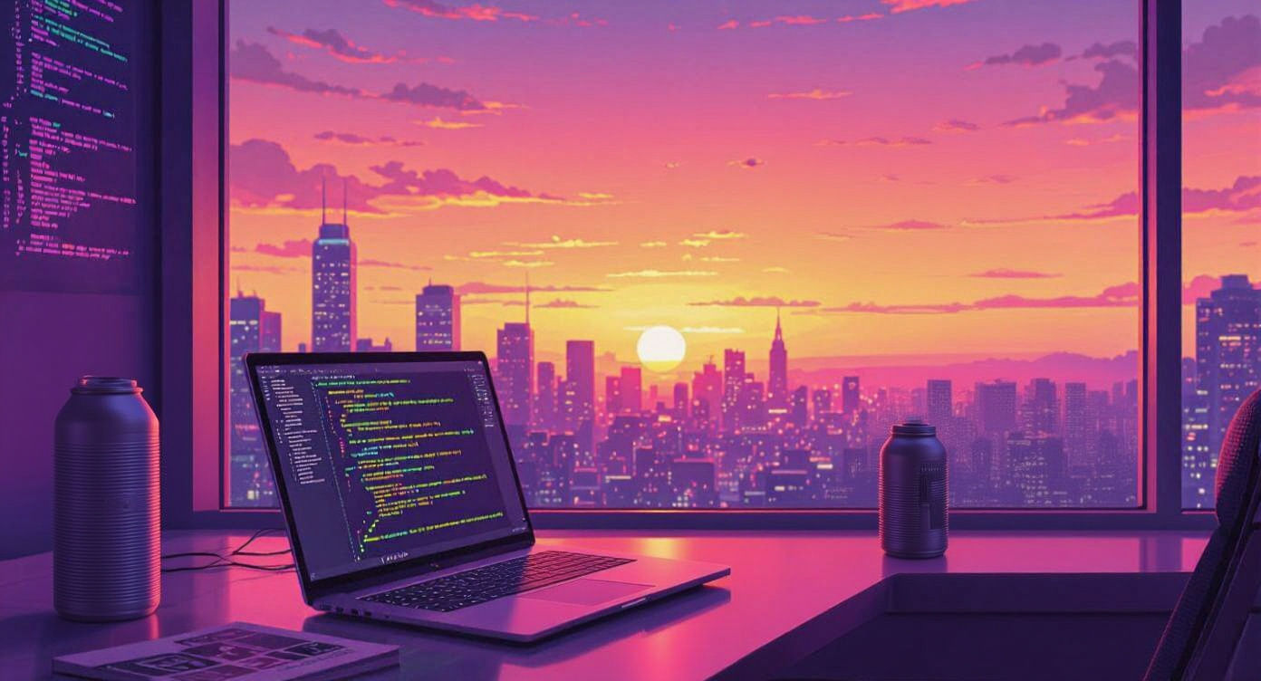 Futuristic Programmer at Laptop with Neon Lighting