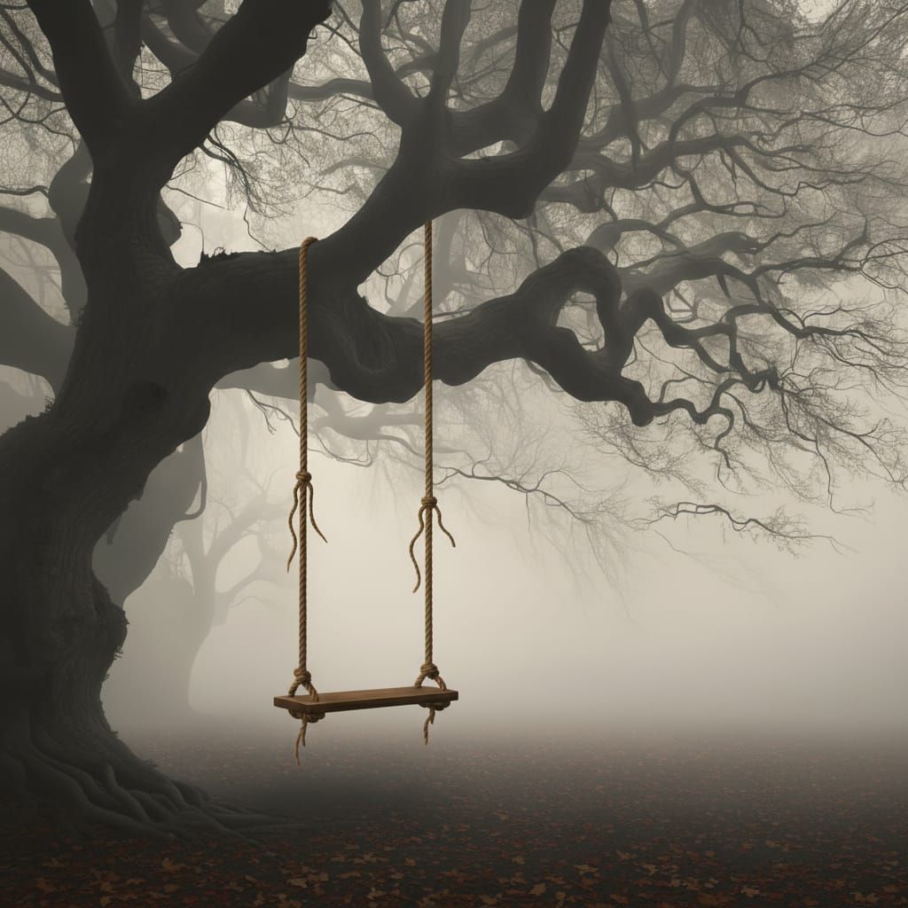 Lonely Swing in Foggy Ancient Forest