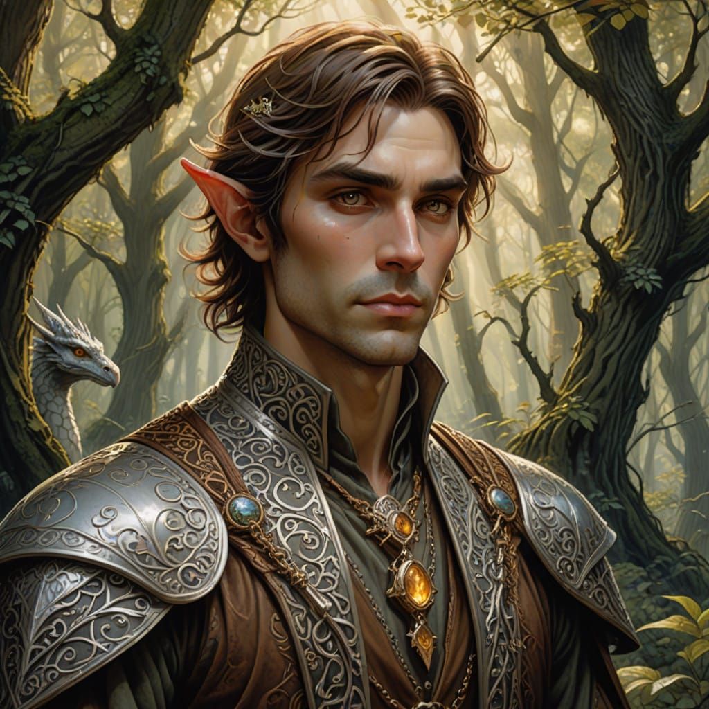 Elven Adept in Sun-Dappled Forest