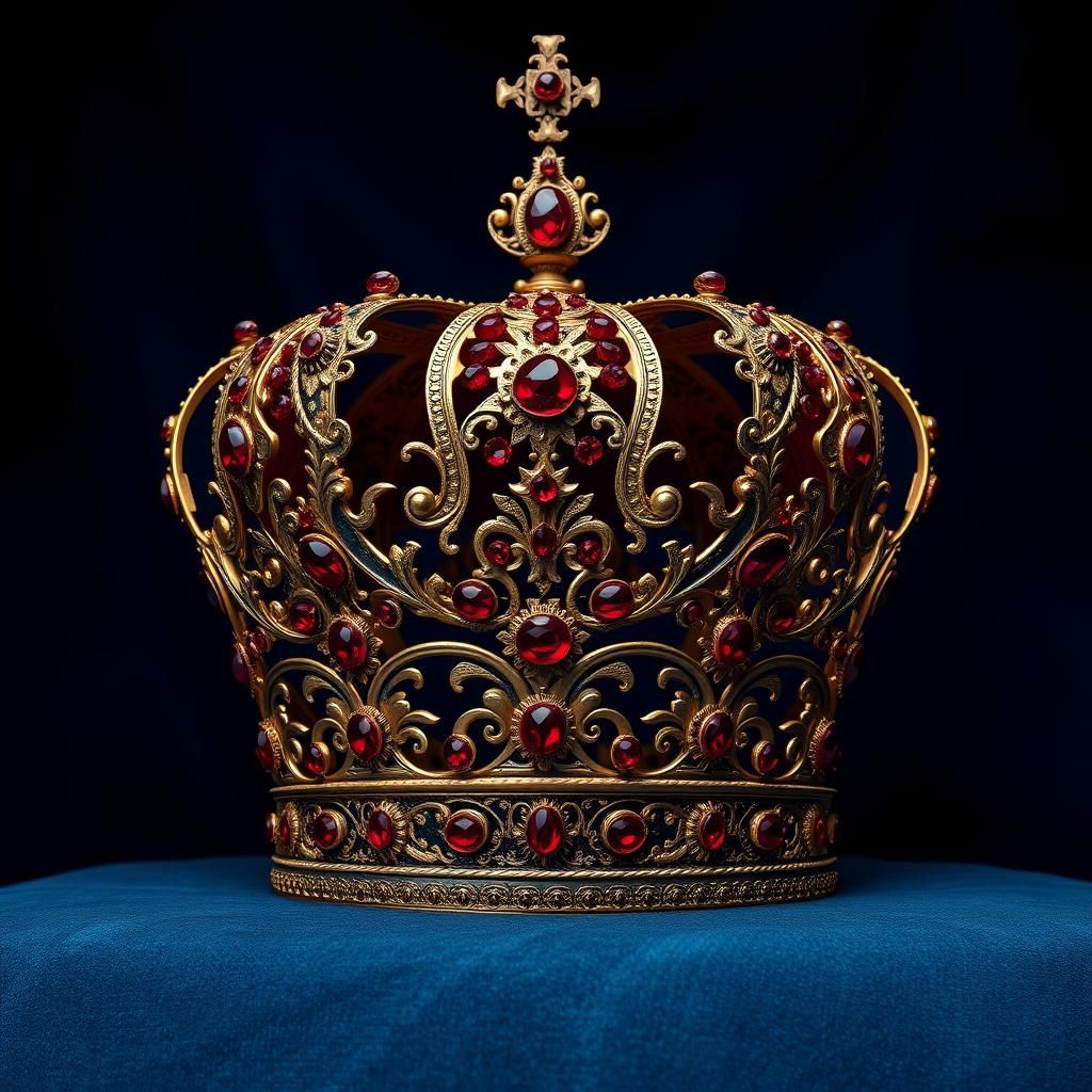 Ornate Royal Crown with Rubies in Art Nouveau Style